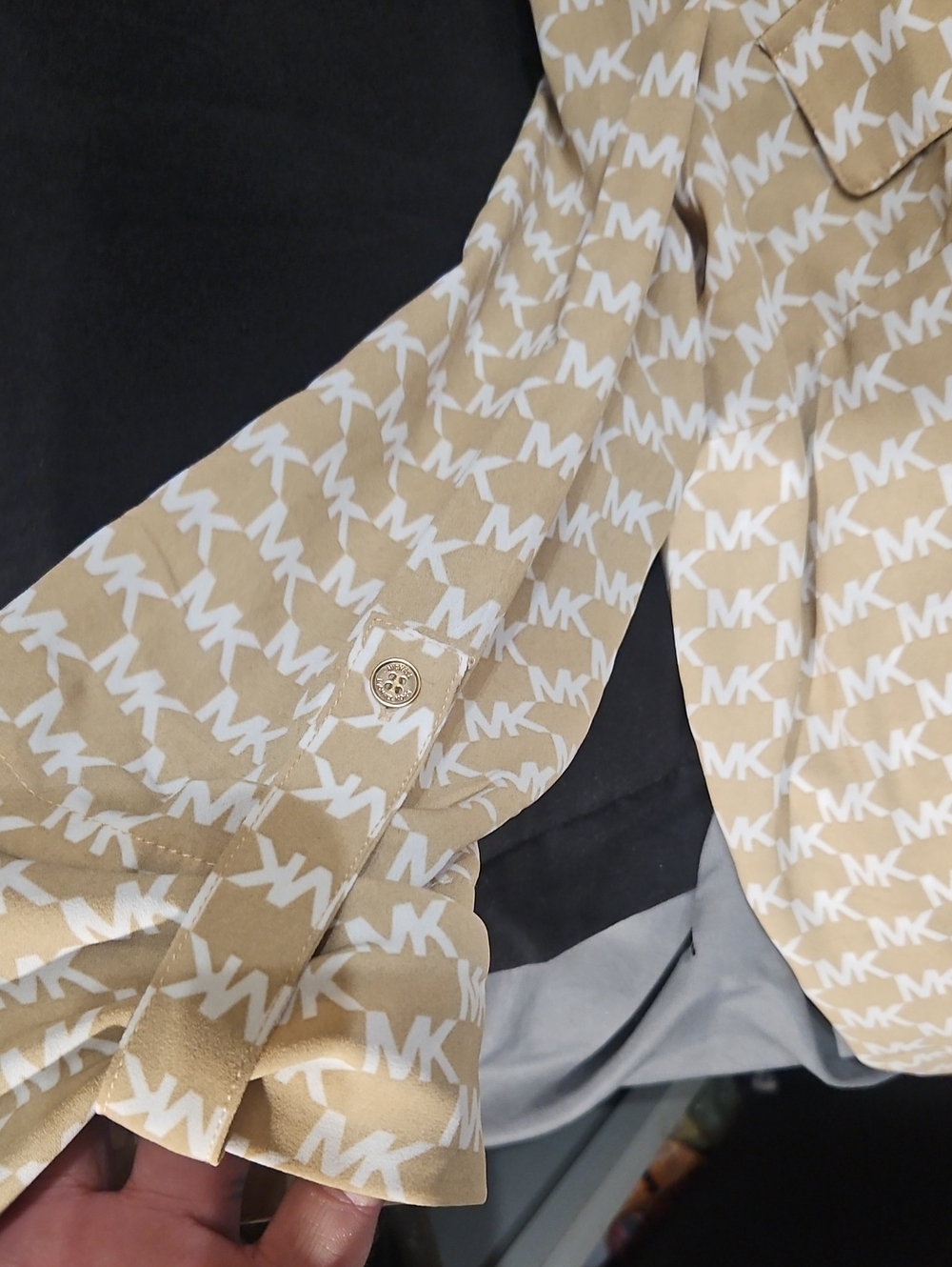 Michael Kors Tan/Khaki and White Logo Half-Zip Shirt - Picture 5 of 7